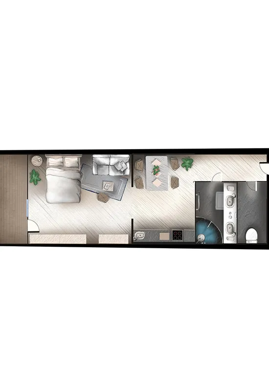 Floor plan of a modern studio apartment with bedroom, kitchen, and bathroom