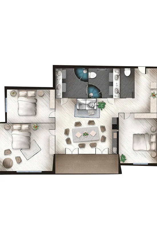 Grundriss einer modernen Wohnung mit drei Schlafzimmern und zwei Bädern