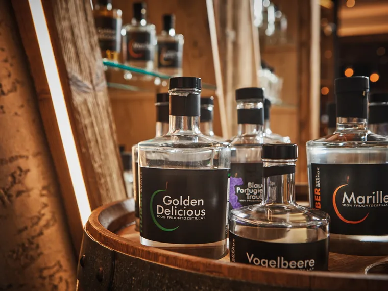Selection of fruit brandies in glass bottles displayed on a wooden barrel