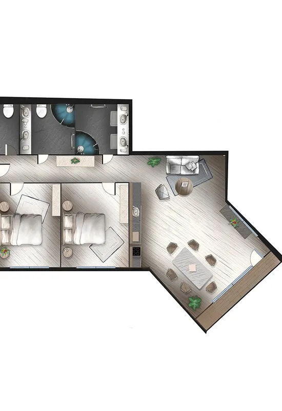 Modern two-bedroom apartment floor plan with open living and dining area
