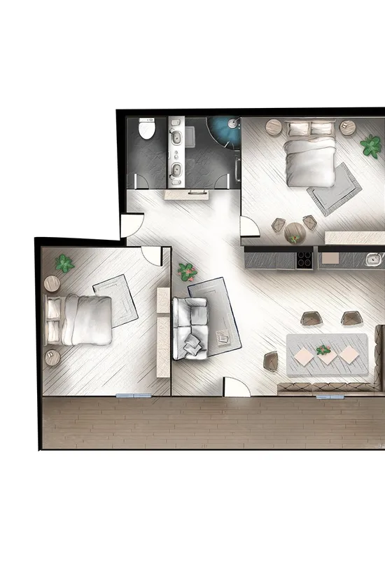 Grundriss einer modernen Zwei-Schlafzimmer-Wohnung mit offener Küche und Balkon