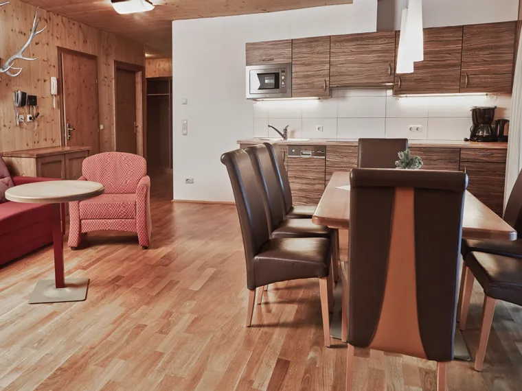 Cozy alpine apartment with modern kitchen, wooden walls, red sofa and dining table