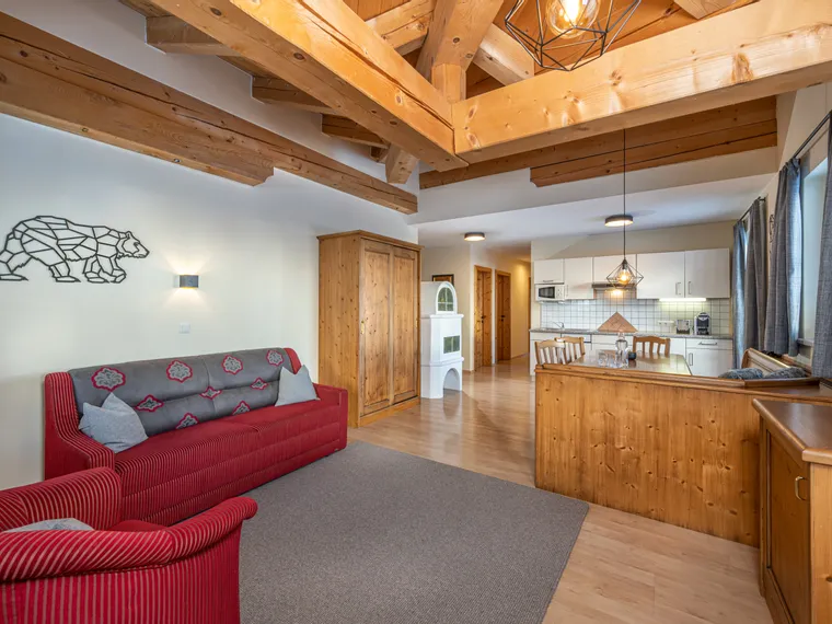 Cozy alpine apartment living area with wooden beams and open kitchen