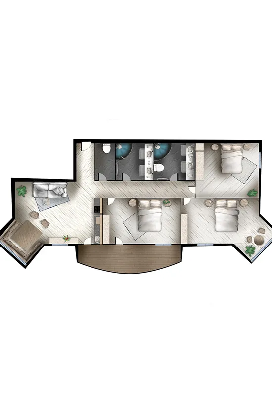 Floor plan of a modern vacation apartment with three bedrooms and two bathrooms