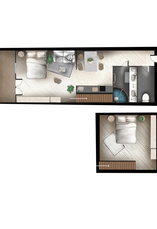 Modern duplex apartment floor plan with two bedrooms and open kitchen layout