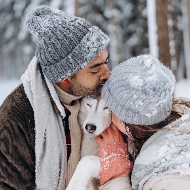 Couple in winter clothes cuddling husky dog in snowy forest
