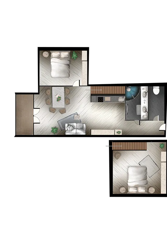 Modern two-bedroom apartment floor plan with open kitchen and living area