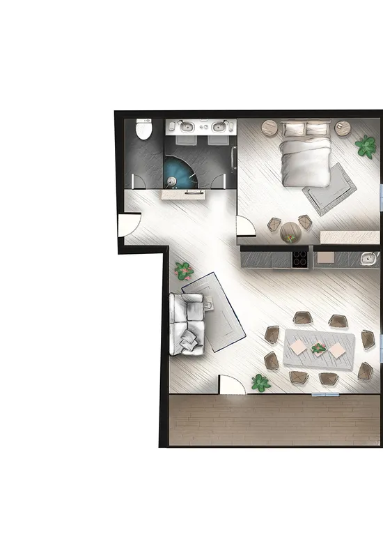 Grundriss einer modernen Einzimmerwohnung mit offener Küche und Wohnbereich