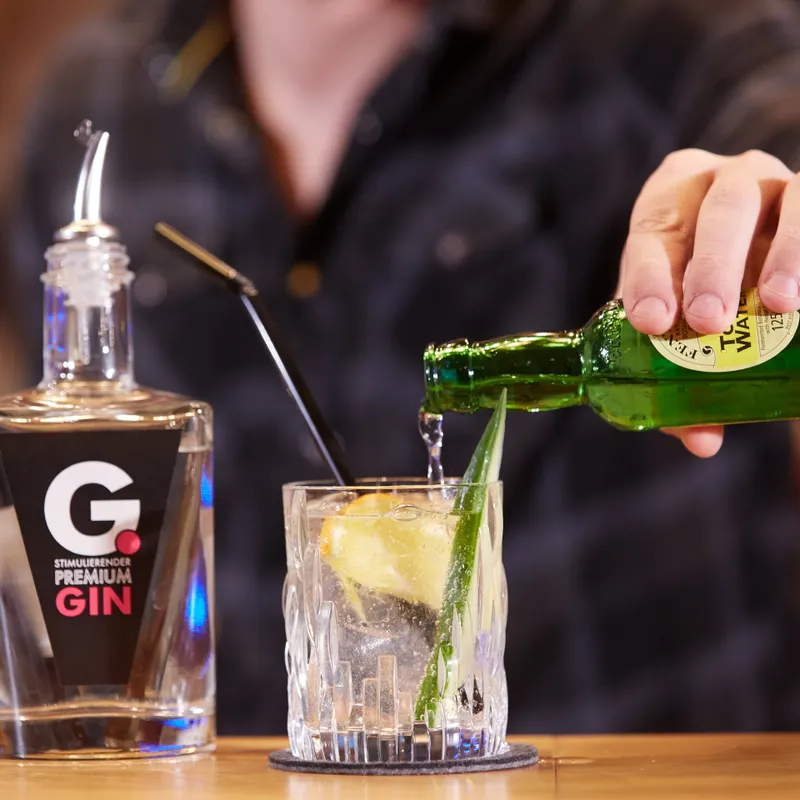 Gin Tonic mit Premium Gin, Zitrone und Gurke wird in einem Glas zubereitet