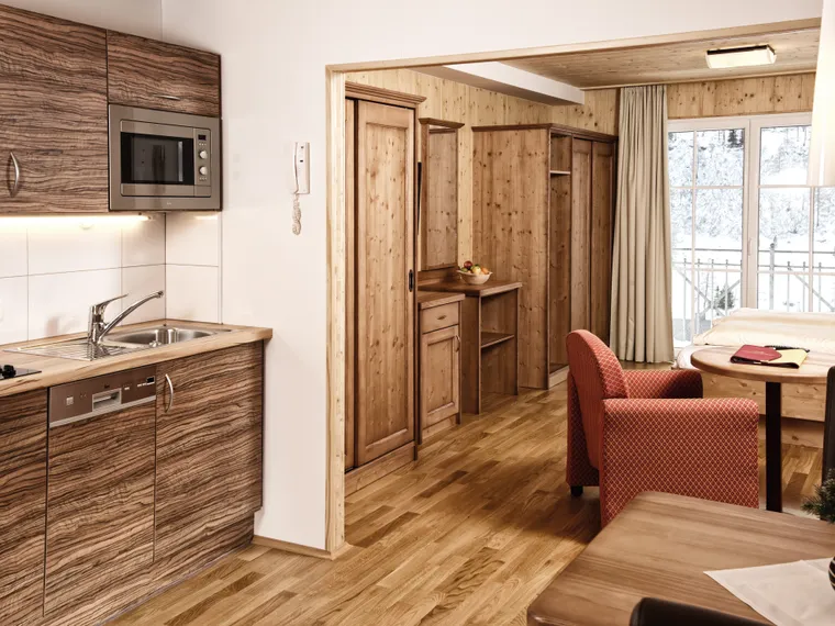 Modern alpine studio apartment with wood furnishings and kitchenette