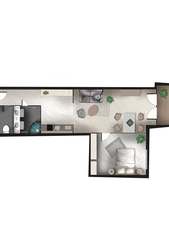 Moderner Grundriss einer Einzimmerwohnung mit offener Küche und Wohnbereich