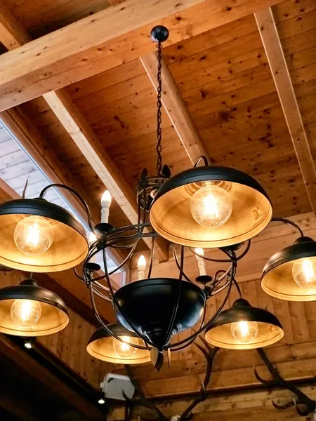 Rustic chandelier with exposed bulbs hanging from wooden ceiling with antlers