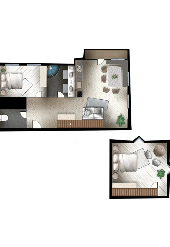 Two-level apartment floor plan with three bedrooms, living area, kitchen, and bathrooms