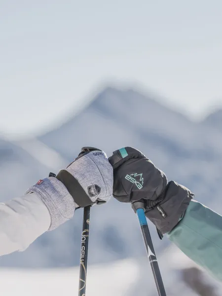 Two skiers greeting each other with ski poles in snowy mountain landscape