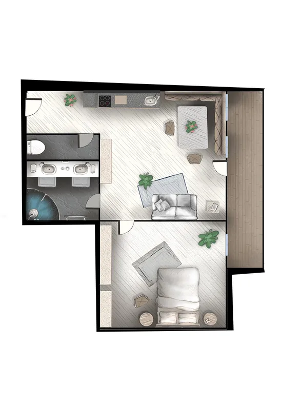 Modern one-bedroom apartment floor plan with open kitchen and bathroom