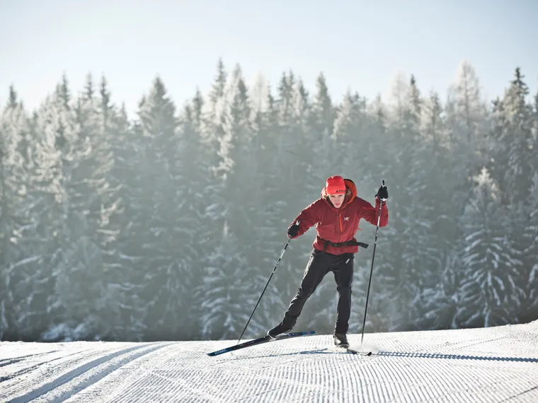 Langläufer in roter Kleidung auf verschneiter Loipe vor verschneitem Wald
